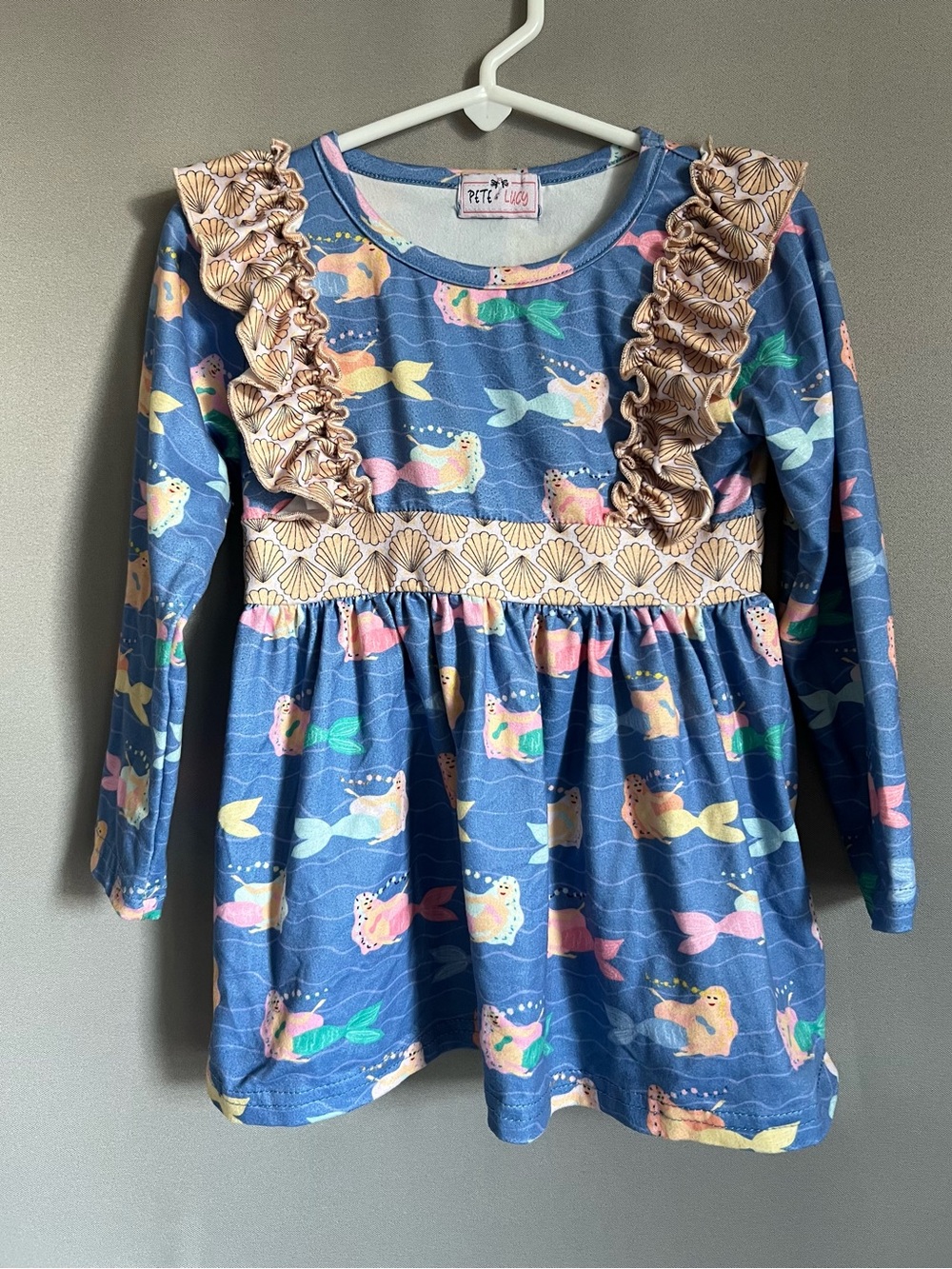 Pete + Lucy Blue Mermaid Ruffle-Detail Long Sleeve Kids Dress